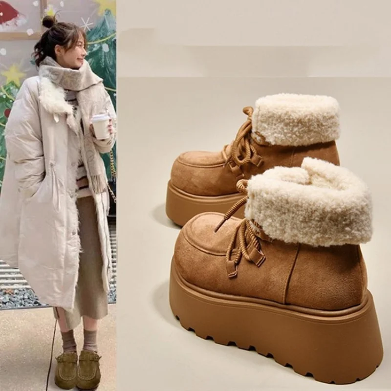 

2025 Winter Women's Platform Snow Boots Chunky Sole Height Increasing Ankle Boots Plush Fleece Lined Cozy Faux Fur Shoes