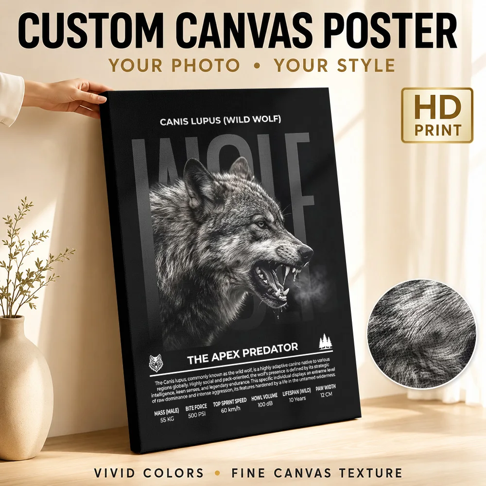 Canis Lupus Wild Wolf Infographic Framed Canvas Print Poster Personalized Photo Dramatic Living Room Wall Paintings Decoration