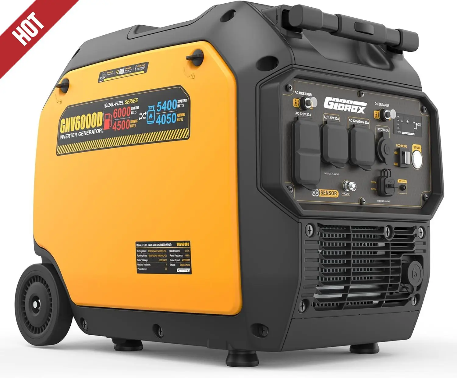 

6000W Dual Fuel Inverter Generator, Gas & Propane Powered,RV Ready Electric Start, Super Quiet,120V/240V with CO Sensor Portable