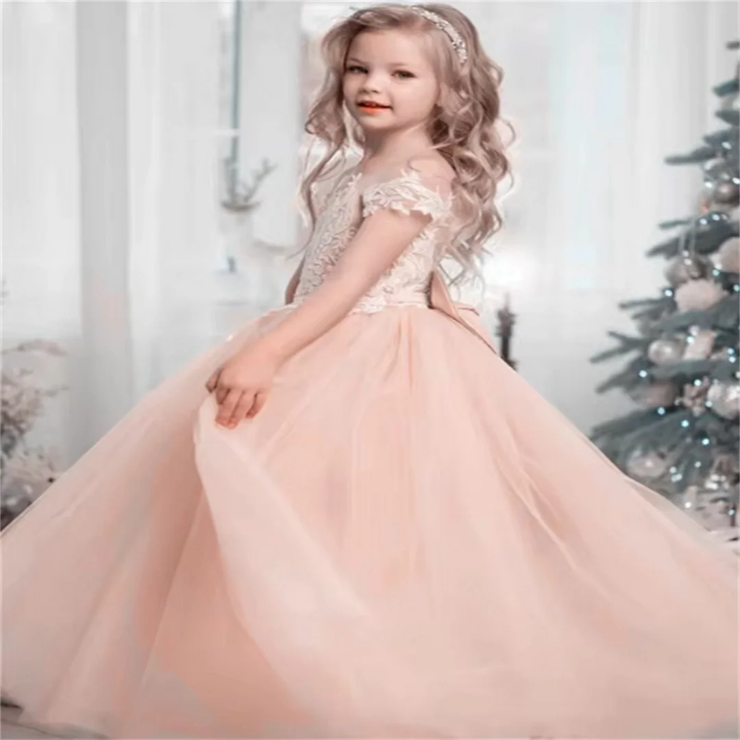 Communion Gowns Pink Angel Flower Girl Dresses Tulle White Flory Pattern Bow Short Sleeve For Wedding Birthday Party Holy