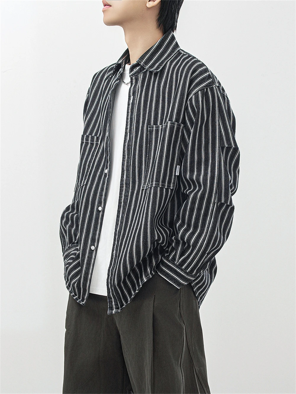 

American Retro Vertical Stripes Men's Loose Long Sleeve Pocket Outdoor Casual Denim Shirt Jacket Autumn New Style Youth Trend