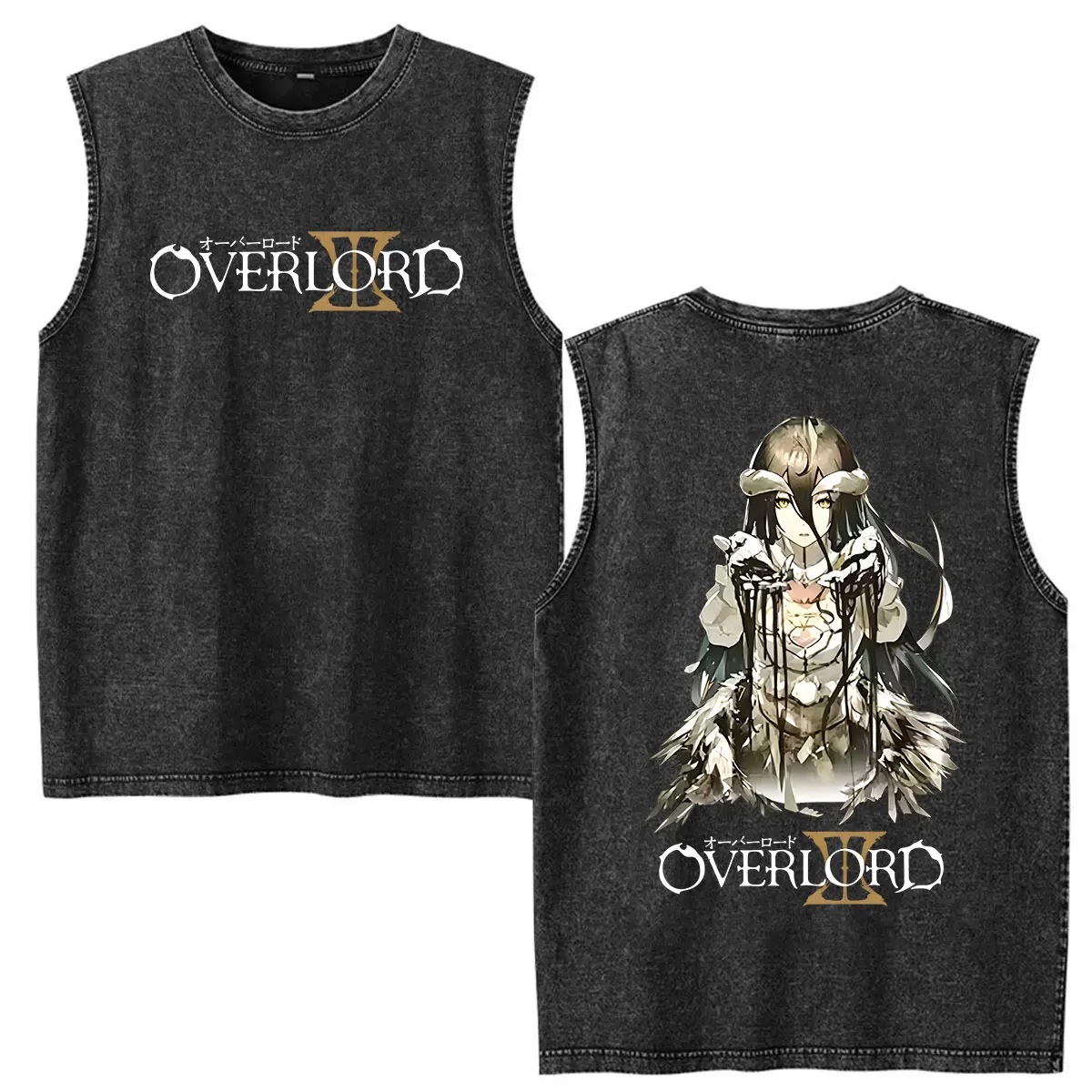 2026 Anime Albedo Overlord Vintage Washed Vest T Shirts Men Women Casual 100% Cotton Short Sleeve T-shirt Harajuku Clothing Tees