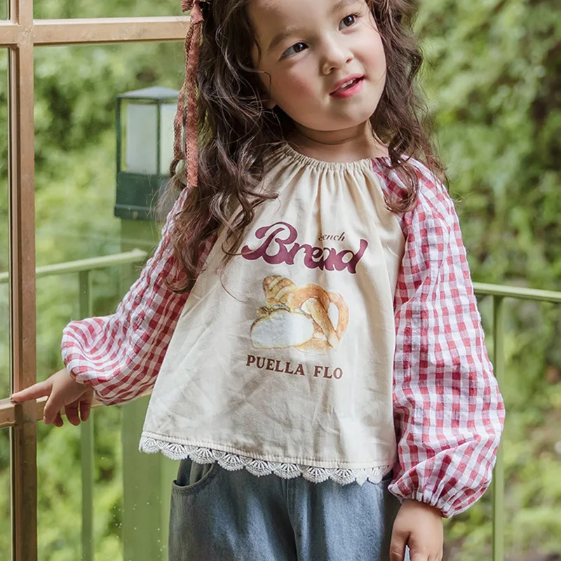 

Новый осенний топ для маленьких девочек с мультяшным принтом и длинными рукавами для маленьких девочек, топ в клетку с круглым вырезом, повседневный топ для девочек от 2 до 8 лет