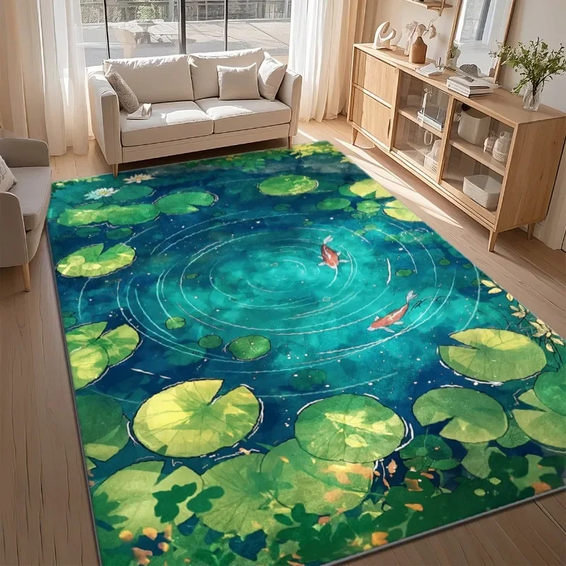 Green-Blue Water Lily & Duck Pond Design, Non-Slip Backing, for Living Room Bedroom Home Decor, Rugs, Decorative Floor Covering