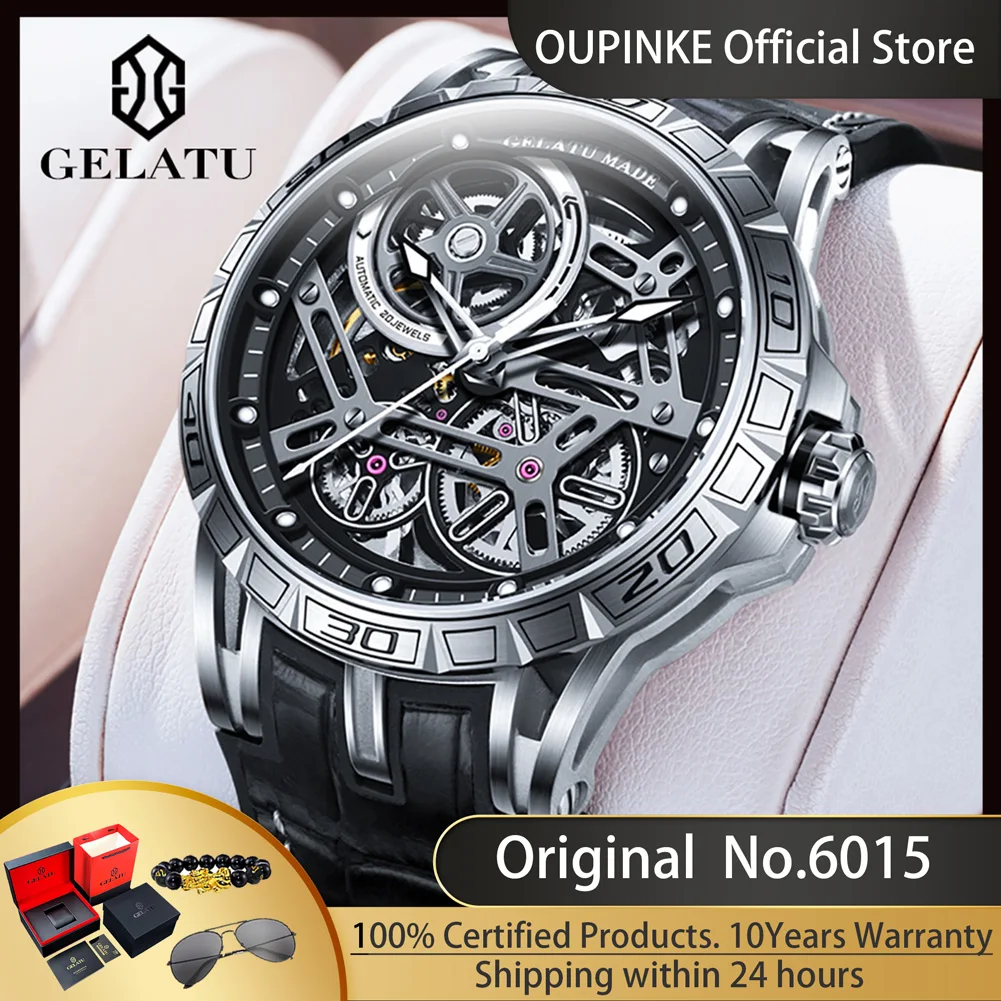 

GELATU 6015 Hollow Out Luxury Automatic Mechanical Watch for Men Fashion Leather Tape Strap Waterproof Mechanical Wrist Watches