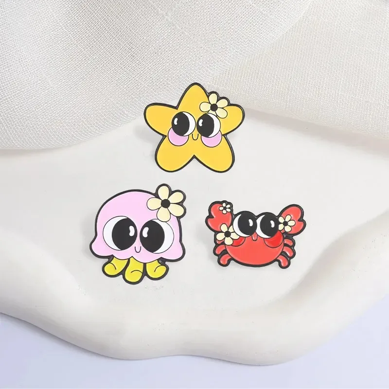 Cute Cartoon Marine Animal Enamel Pins Flower Crab Starfish Octopus Metal Brooches Fashion Lapel Badge Backpack Clothes Jewelry