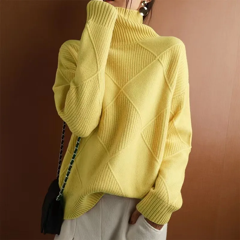 Loose Fit Relaxed Silhouette Sweaters with High Neck Long Sleeve Pullover Style Elegant Style Women Sweaters and Pullovers