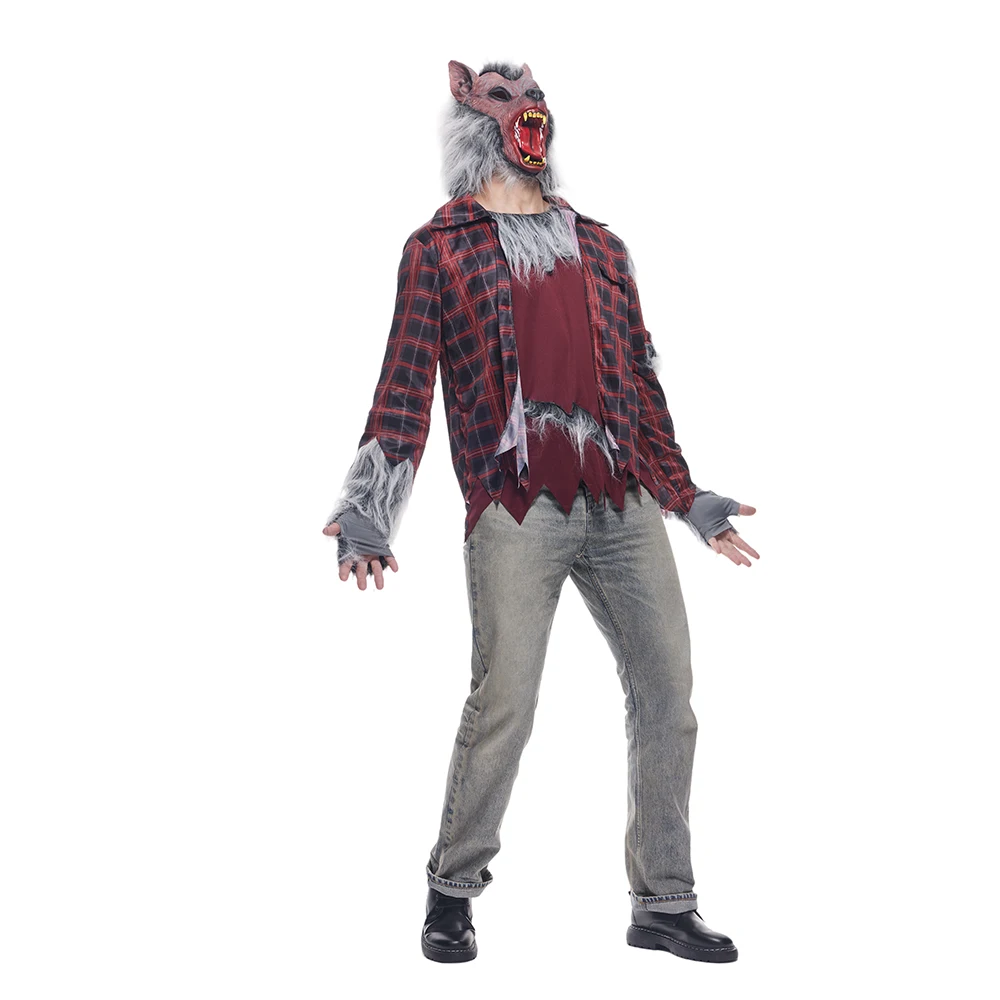 زي المستذئب للرجال - بدلة الهالوين على شكل قمر كامل مع قناع وقفازات واقعية، مجموعة تنكرية فروي للبالغين #4