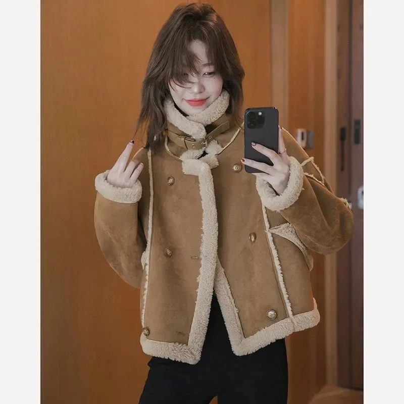 

Lamb Motorcycle Coat Women Short Autumn Winter New 2025 Thick Fur One Jacket Loose High Quality Overcoat Fashion Outerwear Lady