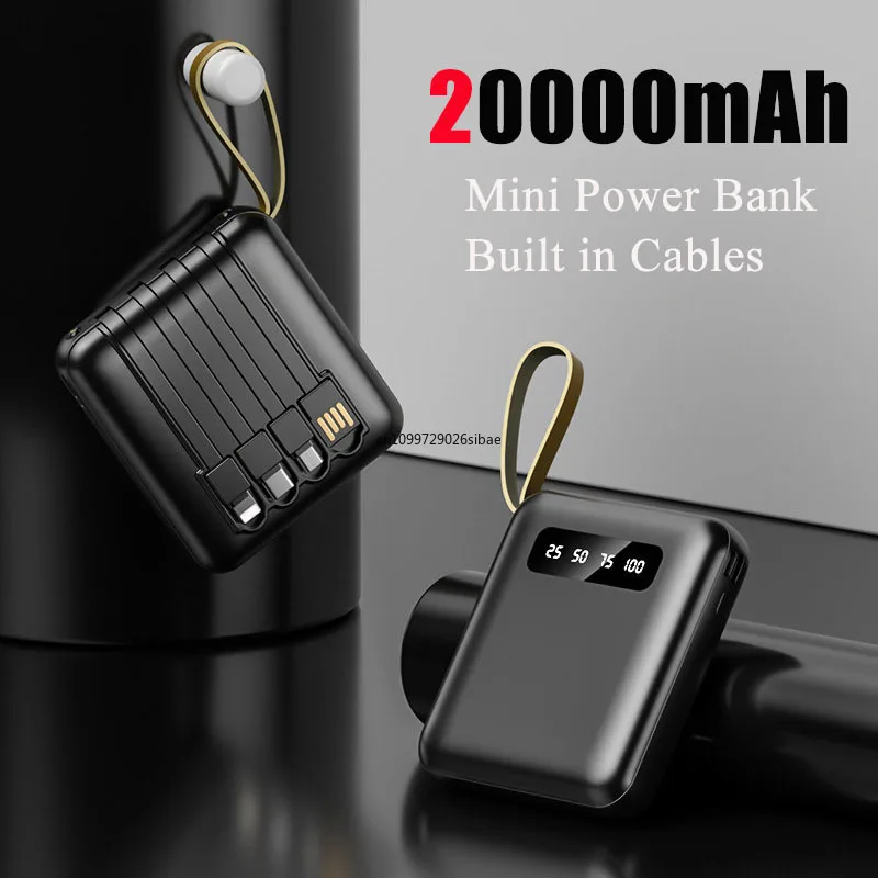 20000mAh Mini Power Bank Fast Charge Portable External Battery Charger Powerbank with 4 Cables for iPhone Samsung Huawei Xiaomi