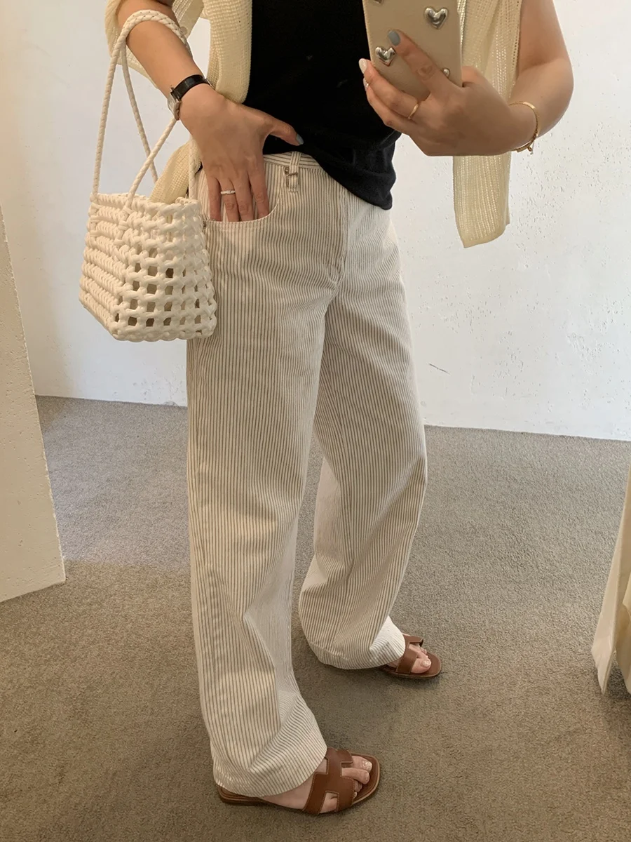 

Джинсы женские Landbeige Slim Fit в полоску, прямые брюки с высокой талией, длинные, в корейском стиле, для повседневной носки