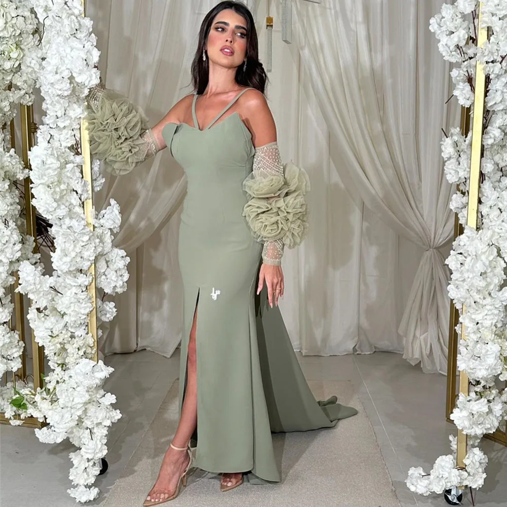 

Modern Style Sweetheart Spaghetti Strap Women Evening Dresses Pleats Slit Backless Ankle-Length Prom Gowns فستان سهرة نسائي