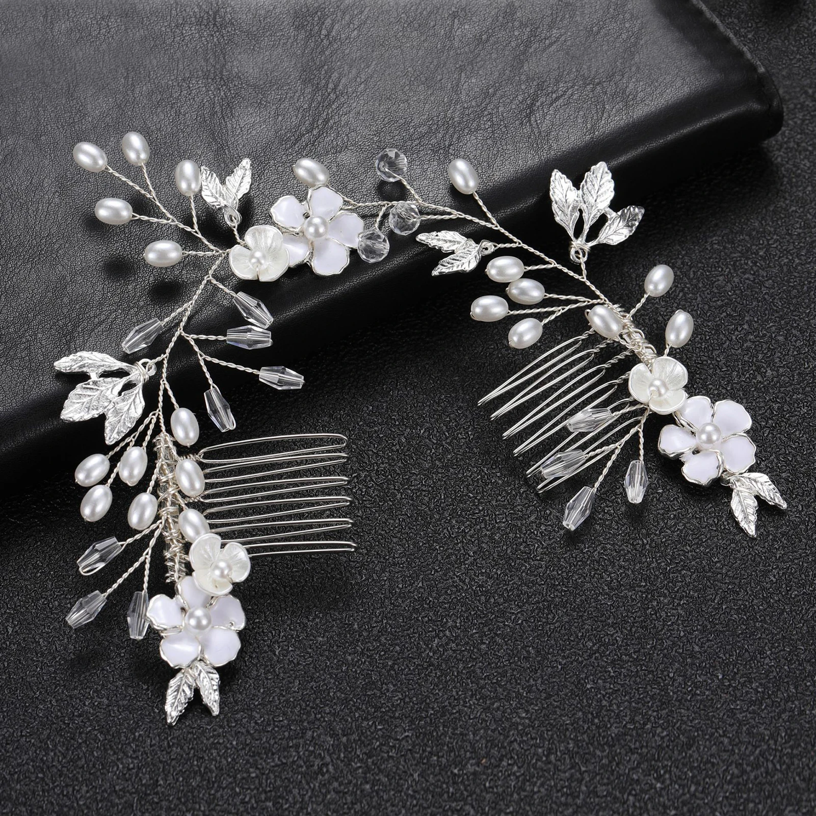 Flower Leaf Hair Combs Headdress Smooth Teeth Simulated Pearl Hair Comb for Birthday Stage Party Show Dress up