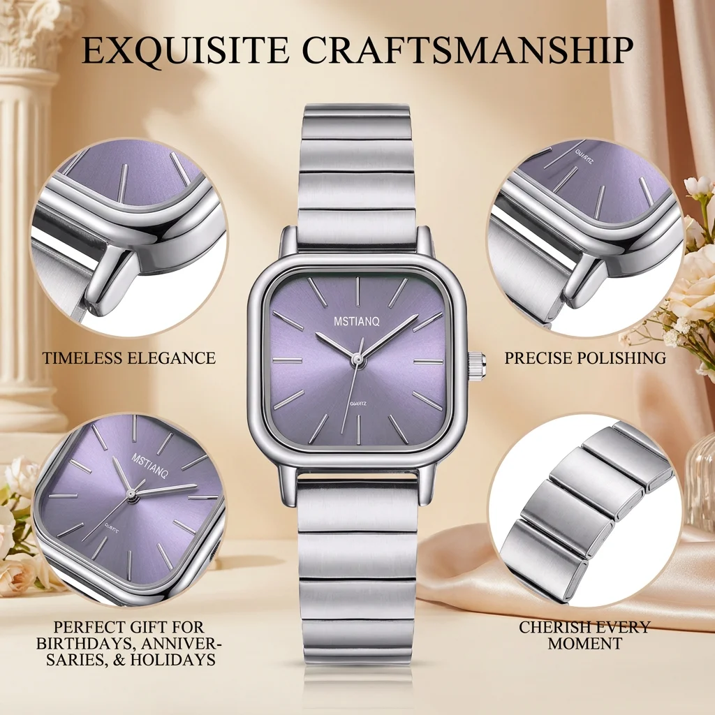 4pcs gift box set Women's purple dial alloy strap fashion rectangular bracelet details Quartz Watch Gift Box Set for party