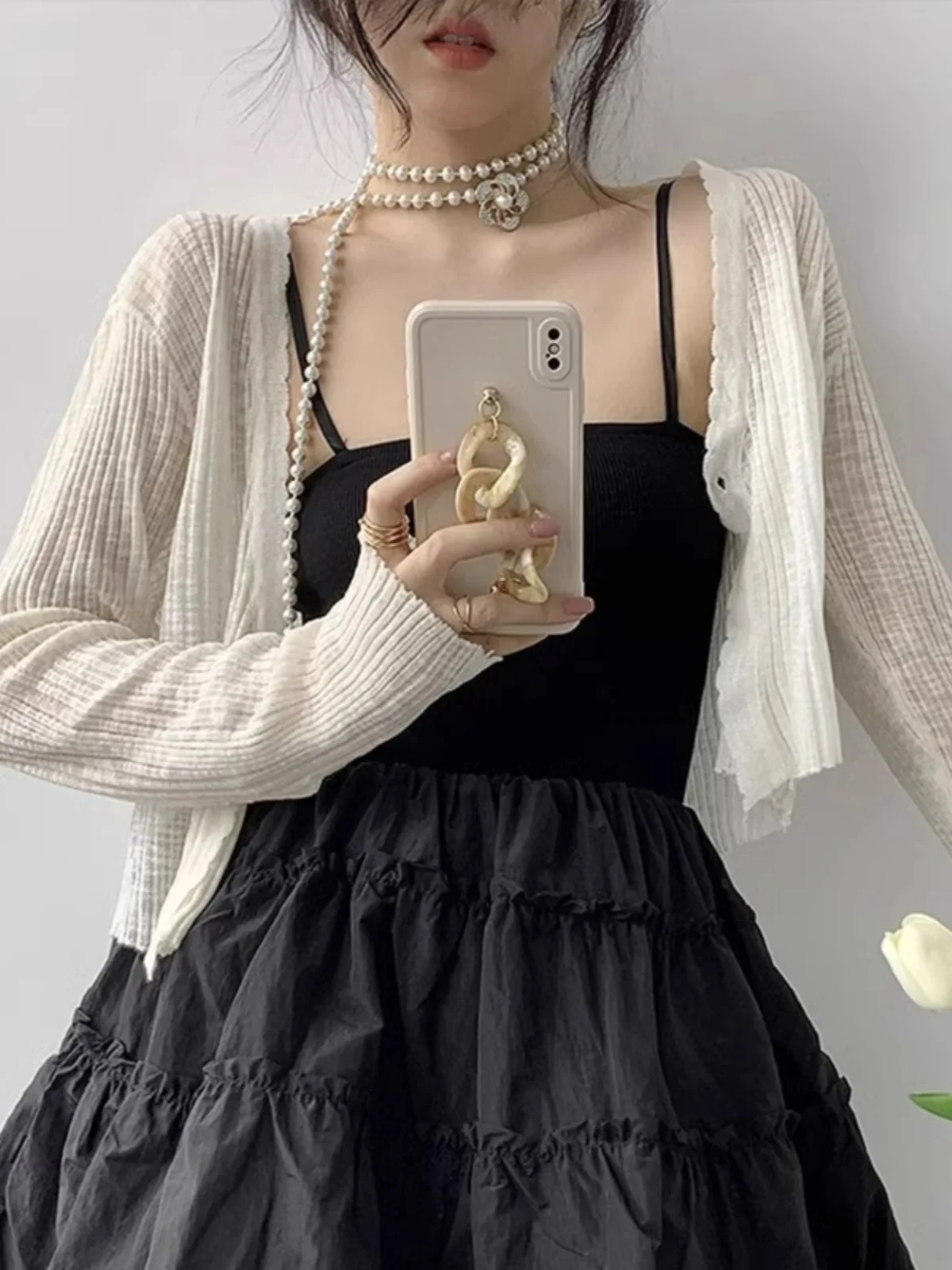 

Women's Summer Thin Ice Silk Knitted Small Shoulder Open Cardigan Shawl Cover up Top Outerwear V-neck Short Length Long Sleeve