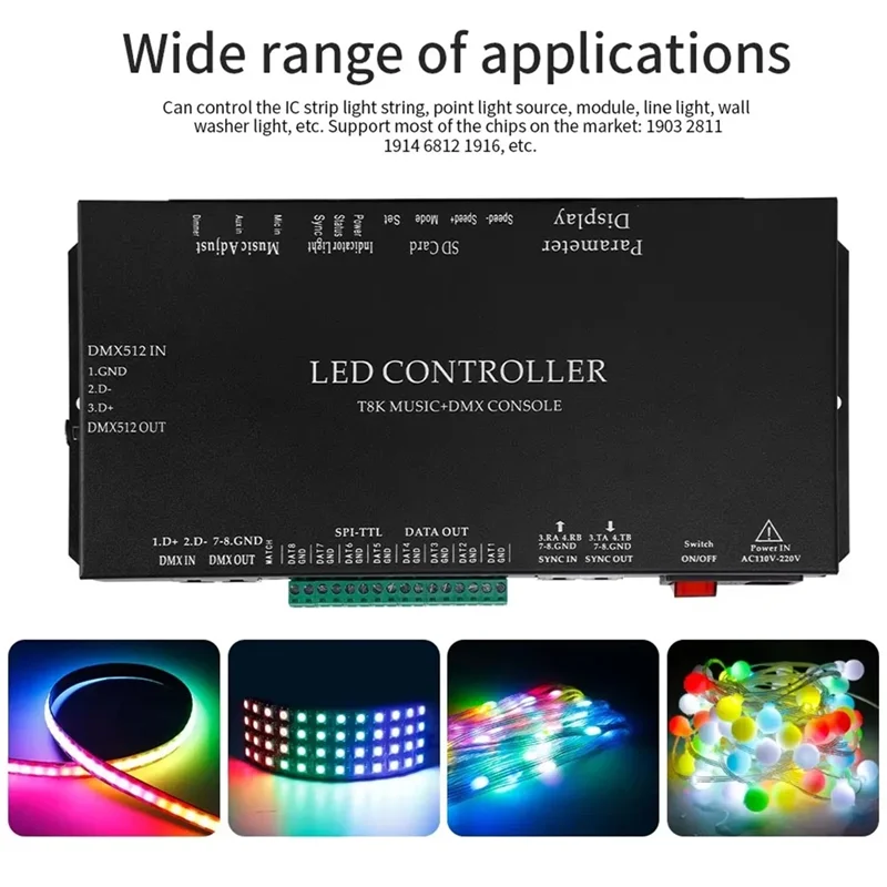 Classic-WS2811 WS2815 For RGBIC SPI-TTL Led Strip Light Module Controller T8K Music+DMX Console 8 Channels Port With Mic In