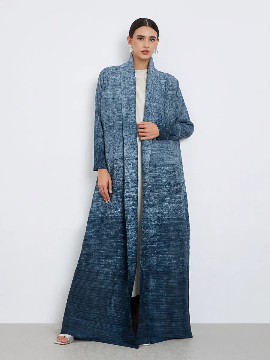 Fold Modest Fashion Pleated Gradient Texture Abaya Navy Blue Self-Tie Wrap Maxi Islamic Robe Elegant Full-Coverage Outfit 2025
