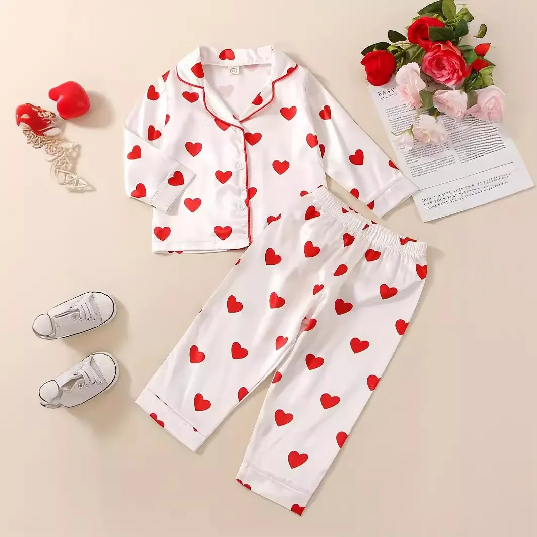 New 2025 Girls Cute Cartoon Heart Pajamas Long Sleeve Lapel Sleepwear Kids Spring Summer Pyjamas Casual Sleeping Clothing Sets