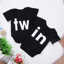 TW & IN Letter Print Newborn Infant Baby Boys Girls Black Bodysuit Twins Romper Jumpsuit Outfits Hipster Baby Clothes 0-24M