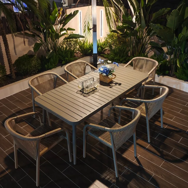 Outdoor Garden Rattan Table and Chair Combination Kit Balcony Casual Black Aluminum Alloy Dining Table and Chair