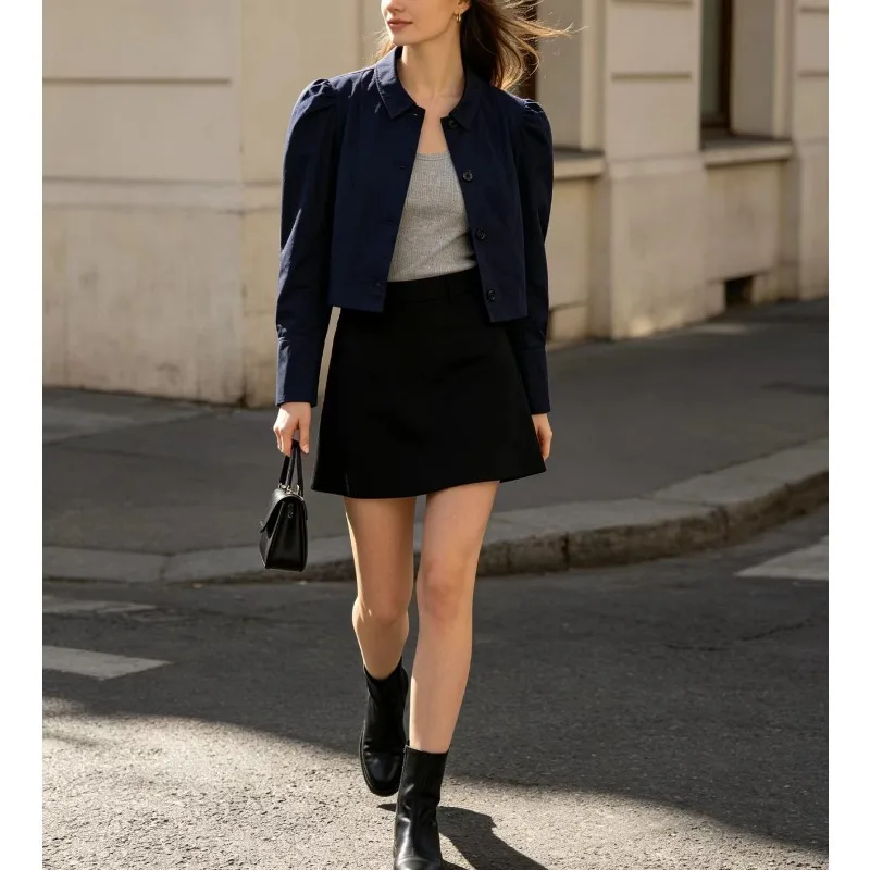 2026 French Chic Minimalist Style Women Pleated Puff Shoulder Cropped Blazer Button Front Long Sleeve Slim Casual Short Jacket
