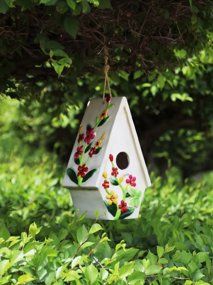 Cute Resin Decorative Nest Bird House Hang Statue Indoor/Outdoor Garden On-Tree Sculpture For Home Store Garden Decor Ornament