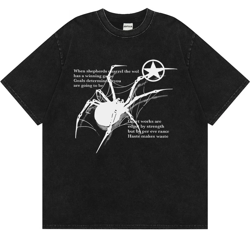 Harajuku Men Washed Tshirt Goth Streetwear Spider Acubi Graphic Clothing Print Short Sleeve Tshirt Summer Oversized Clothing Y2K