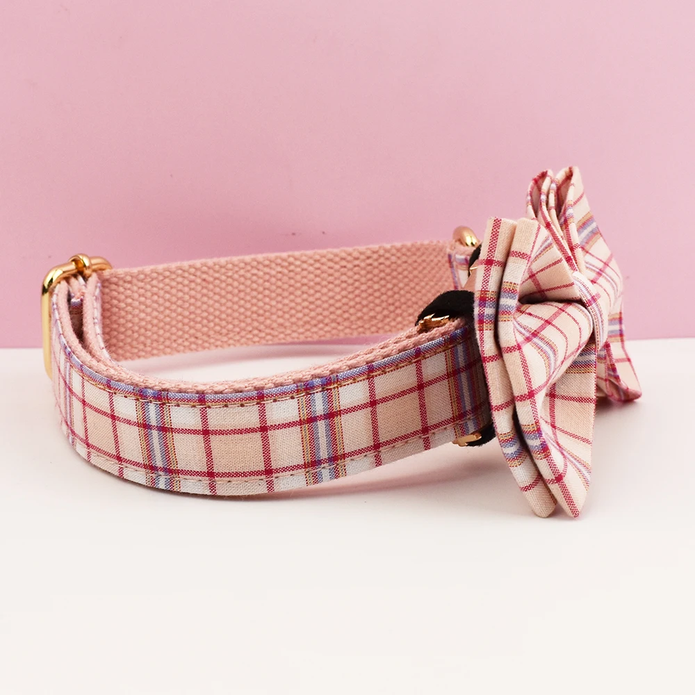Rosa kariertes Hundehalsband und Leinen-Set für Hunde, individuell graviertes Namensschild, Haustierbedarf, Hundeleine, personalisiertes Hundegeschirr – Detail 5