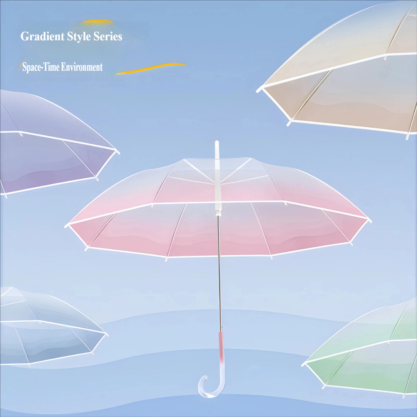 Hochwertiger transparenter Regenschirm mit Farbverlauf, Ins-Style gebogener Haken-Griff, frischer langer gerader Regenschirm für Damen