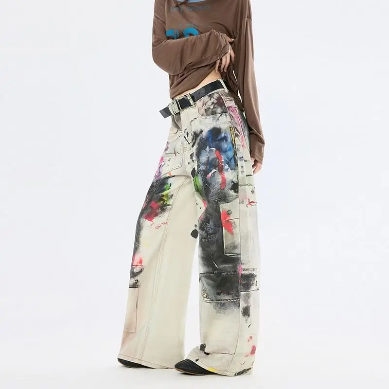 

Джинсы с высокой талией, женские широкие джинсовые брюки, винтажная уличная одежда с граффити, модные прямые мешковатые брюки в стиле Харадзюку в стиле хип-хоп Y2K