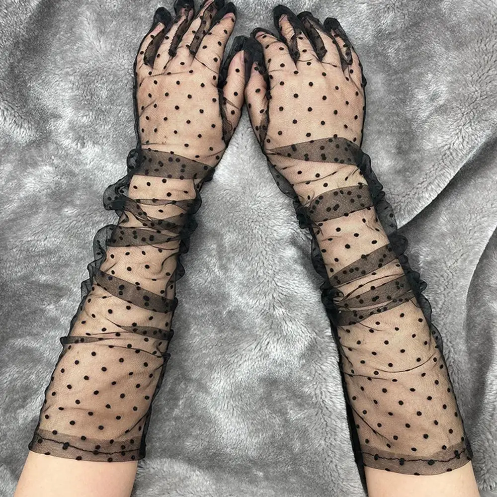 

Ultra Thin Long Tulle Gloves Summer Sunscreen Lace Full Finger Mittens Stretchy Mesh Gauze Gloves for Women Girls Wedding