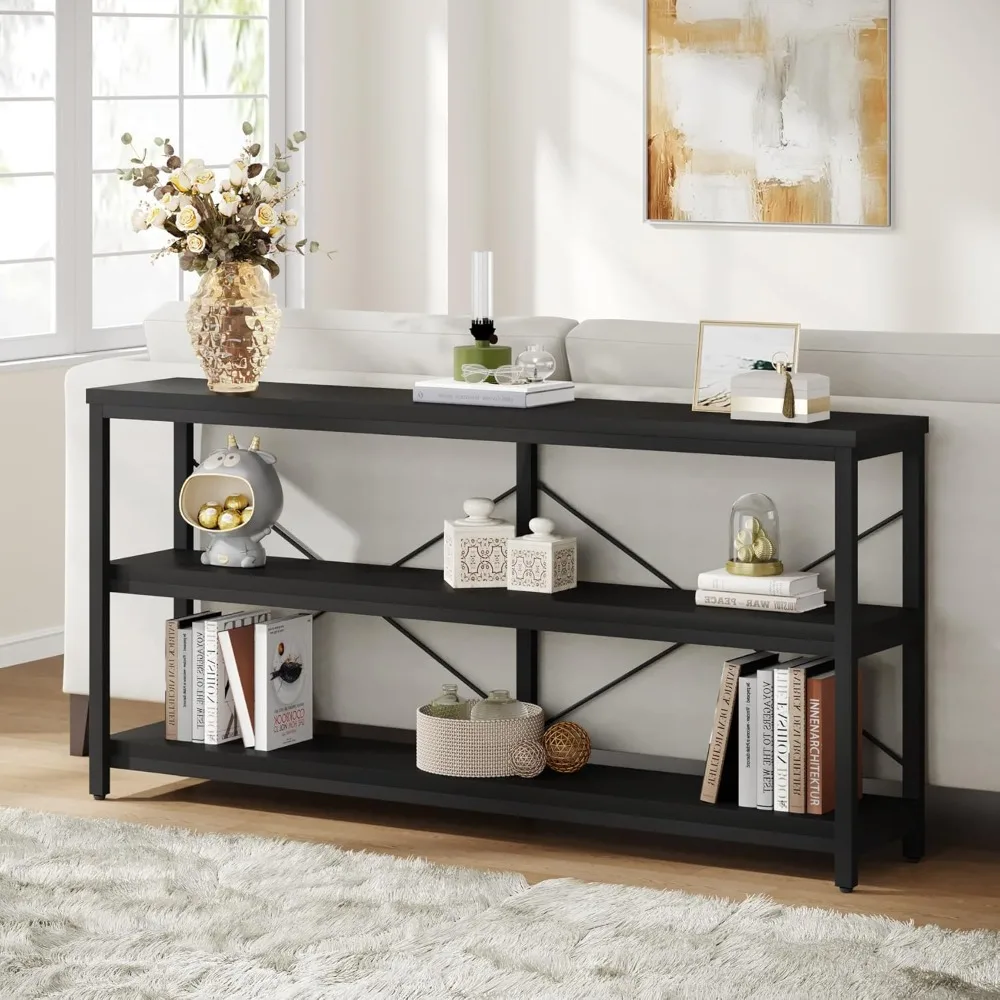 

Sofa Tables, 55-Inch Industrial Sofa Table, 3-Tier Console Table with Metal Frame and Open Shelves, Modern Decorative Shelf