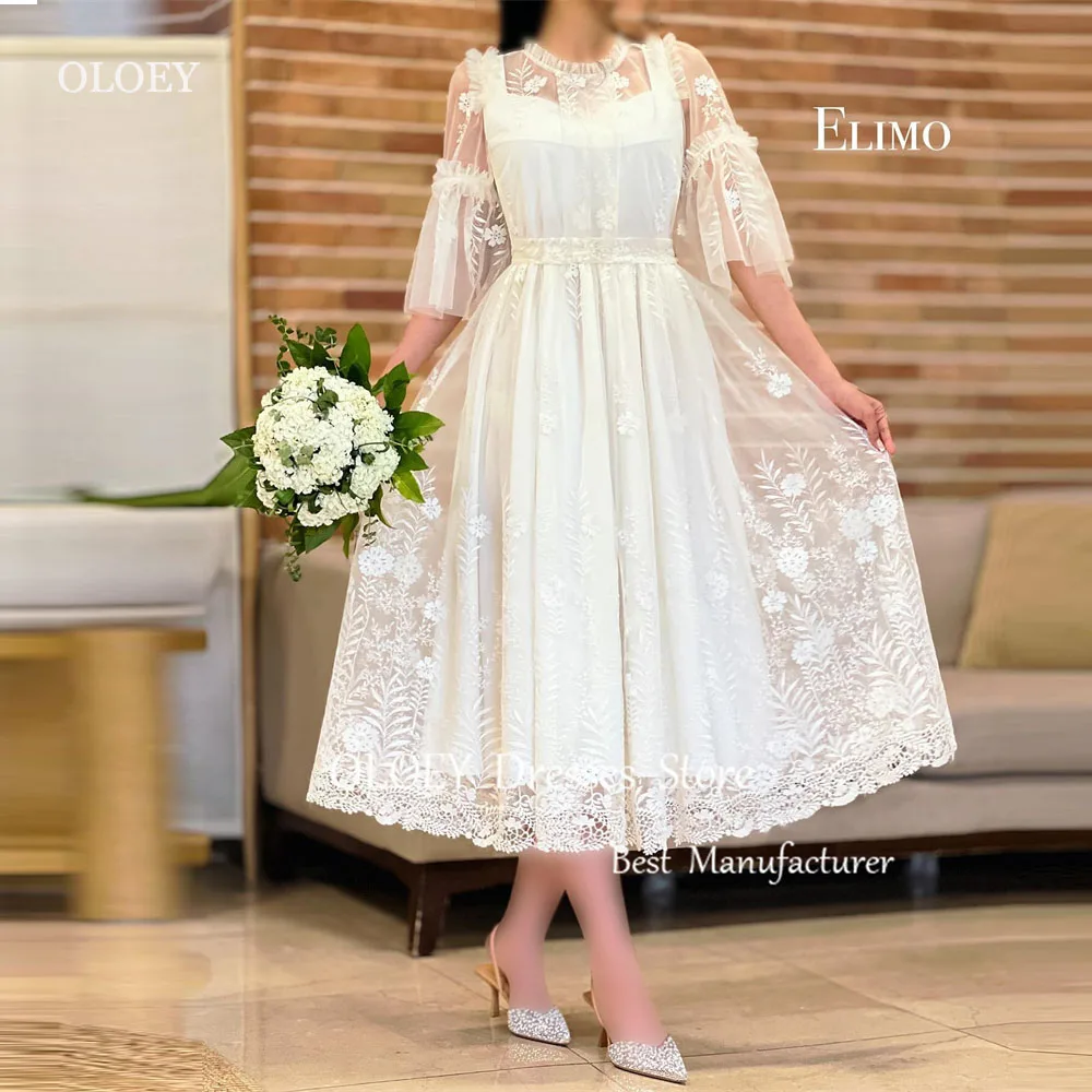 

OLOEY Vintage Modest Ivory Lace Evening Party Dresses Arabic Women Wedding Gowns O-Neck Puff Sleeves Tea Length Formal Gowns