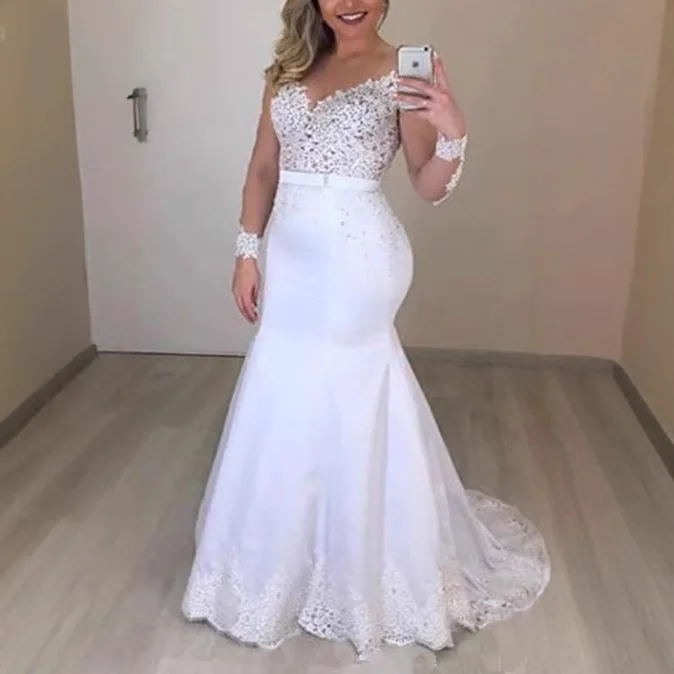 

Summer new one-word shoulder long-sleeved leaking back European fish tail water-soluble lace trailing wedding dress sweet atmosp