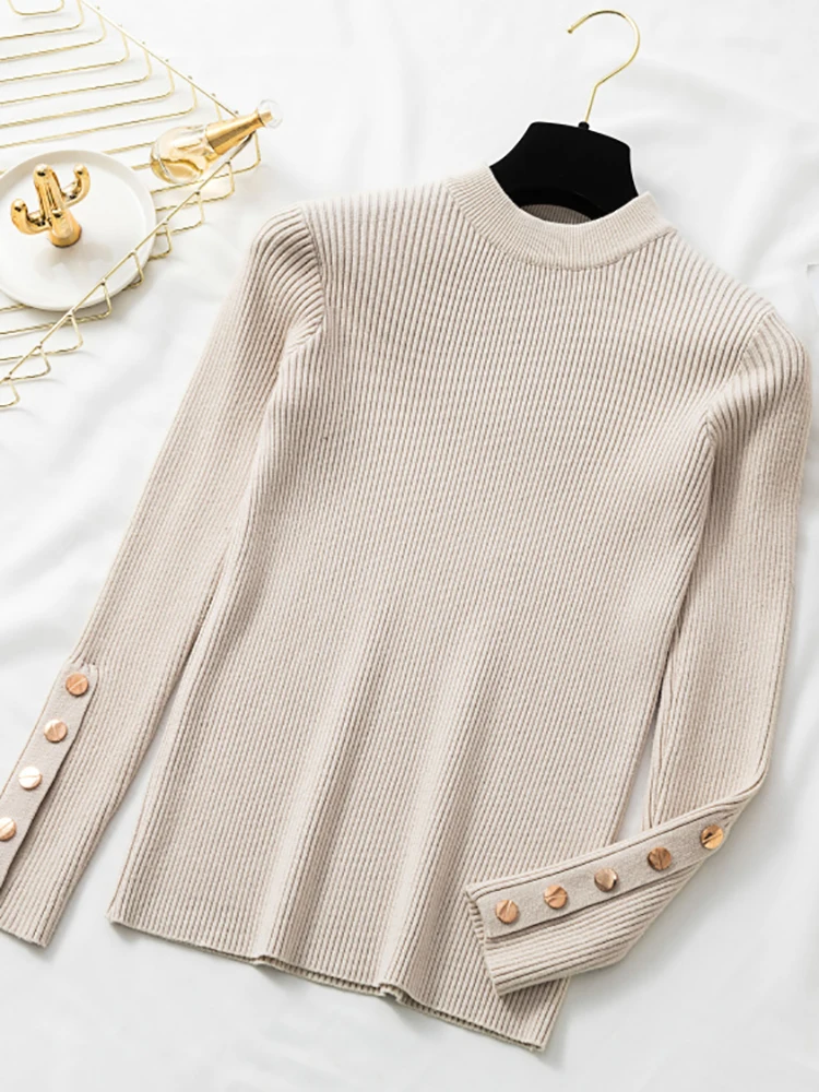 Casual Autumn Winter Women Thick Sweater Pullovers Button Long Sleeve O-neck chic Sweater Female Slim Knitted Soft Jumper Tops