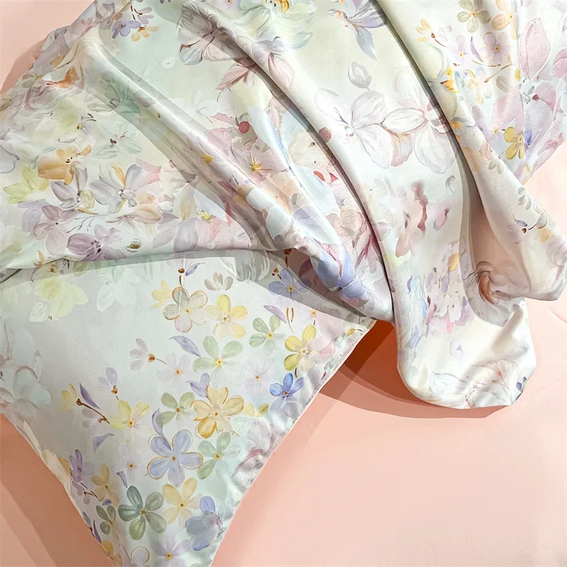 Set Penutup Selimut Motif Bunga Set Penutup Tempat Tidur Sutra Satin untuk Musim Panas Set Seprai Dingin Ukuran Queen/King Silky Plumones De Cama