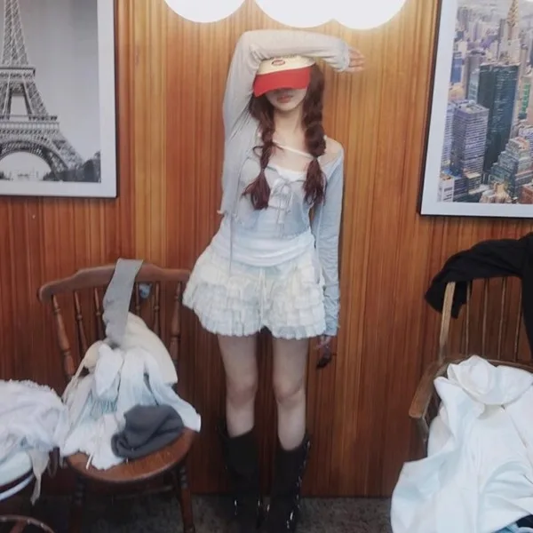 ญี่ปุ่นสีเทาถักเสื้อสเวตเตอร์ถัก Camisole ชุดสตรีฤดูใบไม้ผลิและฤดูร้อนใหม่น่ารัก Bow LACE-up Ruffle EDGE ถัก TOP Mujer