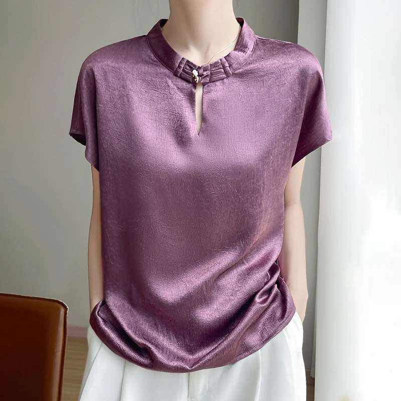 

In the summer of 2025, the new popular Chinese style short-sleeved collar is loose and slim, and the wild silky satin blouse is
