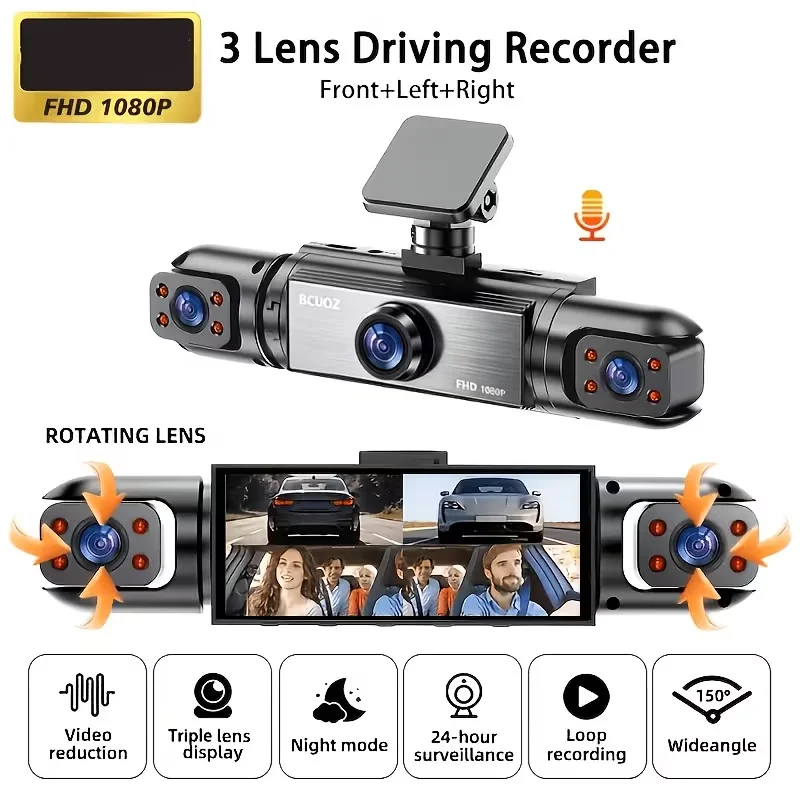 360° Panoramic Dash Cam with 3/4 Lens 3.16-inch Quad Split Screen Ultra Night Vision G-Sensor Loop Recording 24hr Parking Monito