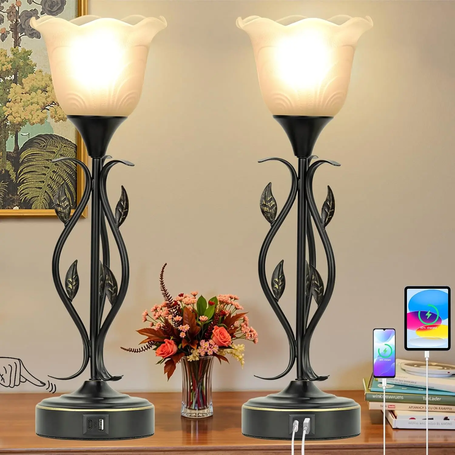 

2-Pack Touch Dimmable Table Lamps with USB Ports, Rustic Leaf & Glass Shade for Bedroom, Living Room