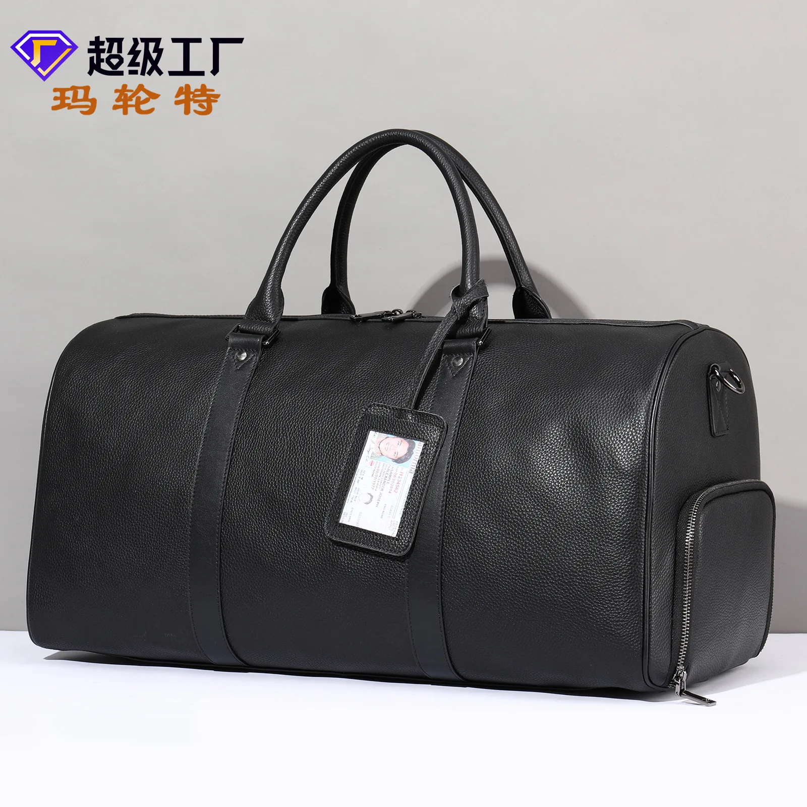 

MLT-6020 Men's Leather Black with Shoe Compartment Travel Bag, Cowhide Crossbody Round Bucket Luggage Bag