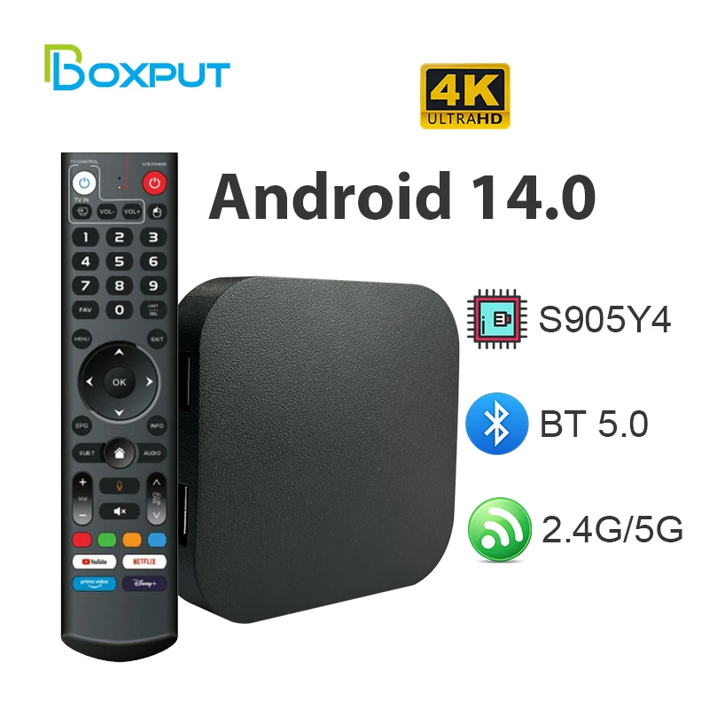 Boxput Q8 TV-Box Amlogic SW905Y4 Android 14.0 Sprachassistent 2,4G 5G WLAN 4K BT5.0 4GB 32GB Quad-Core Set-Top-Box Smart Home