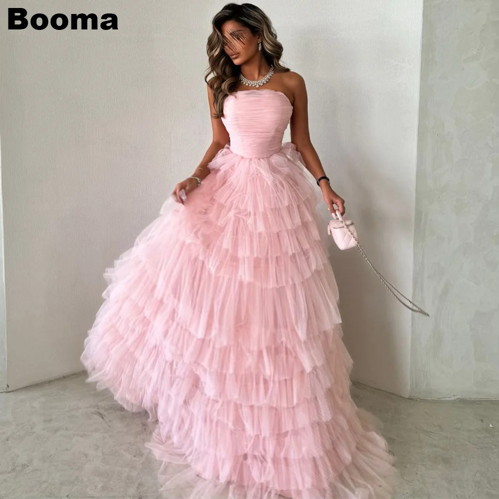 Booma A-Line ชุดราตรี Strapless Tiered Tulle Prom Gowns สําหรับผู้หญิงยาวอย่างเป็นทางการ Party Dresses ดูไบศุลกากร