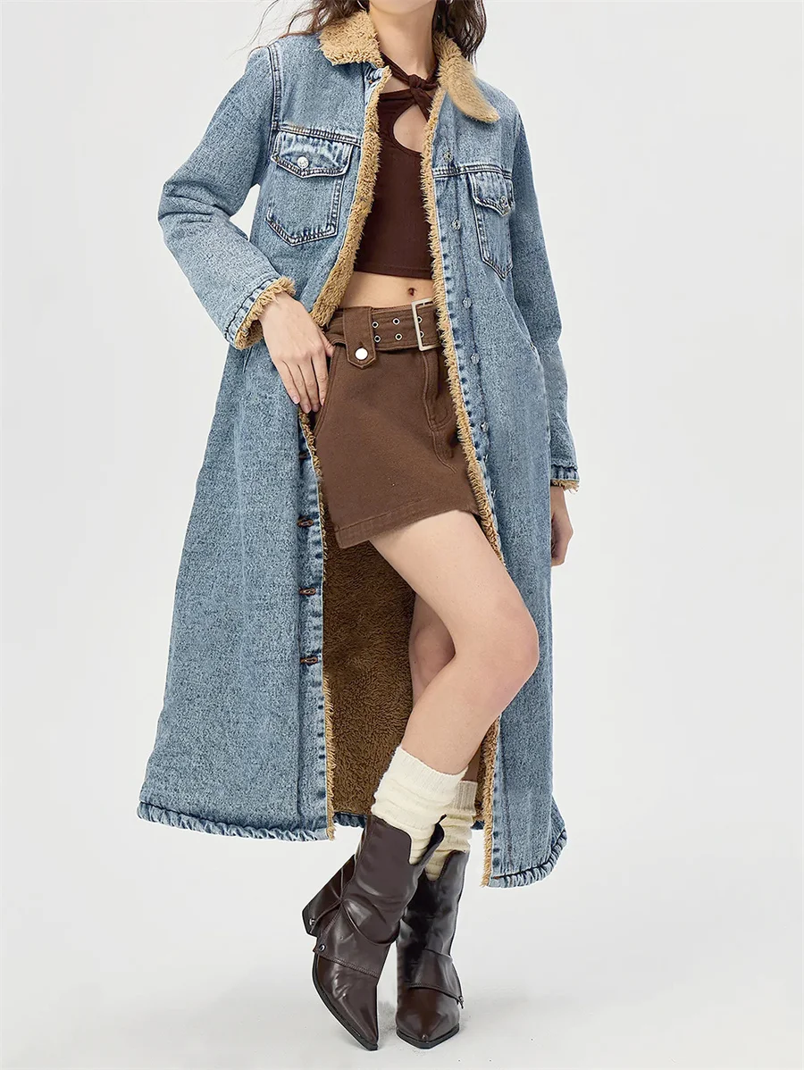 Benuynffy 2024 Winter Single Breasted Fleece Thicken Denim Jacket Women's Vintage Loose Warm Jean Long Coat Streetwear Outerwear