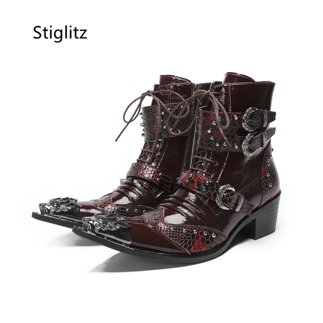 Wine Red Snake Pattern Men's Boots High Heels Genuine Leather Ankle Boots Metal Pointed Toe Shoes Belt Buckle Chelsea Boots