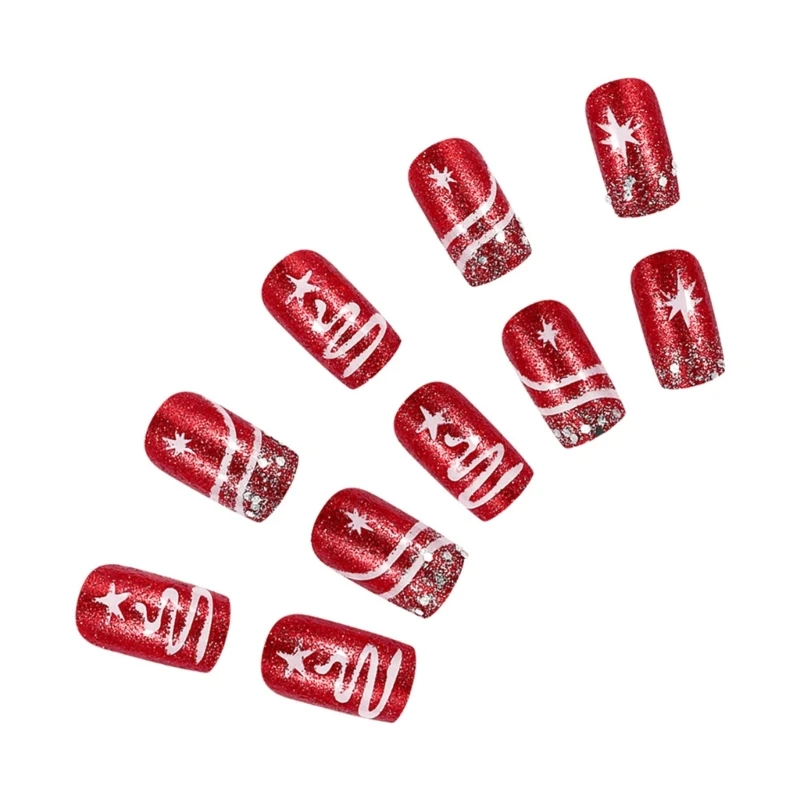 24PCS Short Square Christmas Press On Nails With Glitters Silver Tree Snowflake Designs on Nails For Women