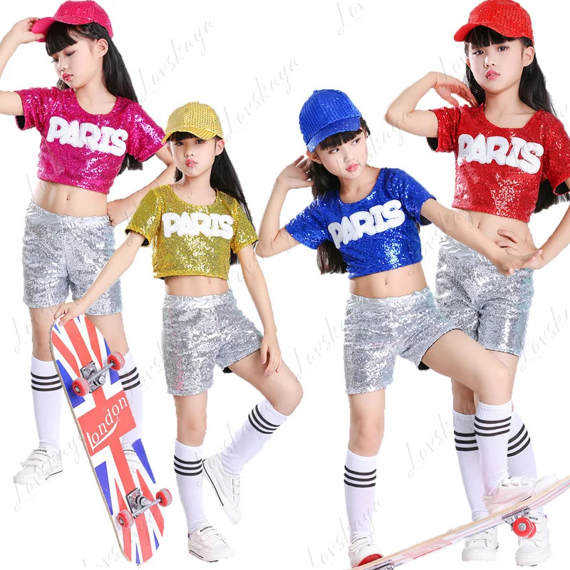 Kids Sequin Jazz Dance Costume Set For Girls Korean Hip Hop Outfit Children Day Kindergarten Stage Show Dancewear
