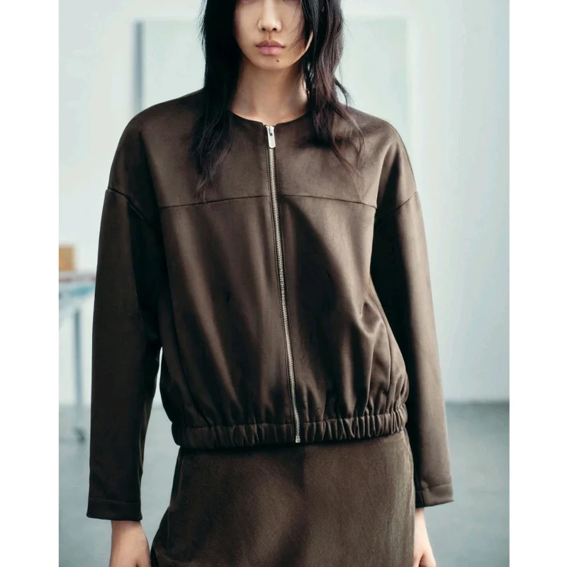 가을 신상 여성용 롱 슬리브 라운드 넥 지퍼 인조 스웨이드 효과 자켓 아우터웨어 통기성 루즈핏