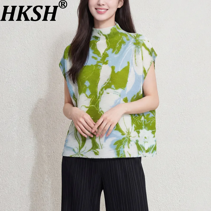HKSH Women T-shirt Pleated Printed Contrast Color Short Sleeves Slimming Elegant High Street Tee Trend Casual Top Summer HK21938