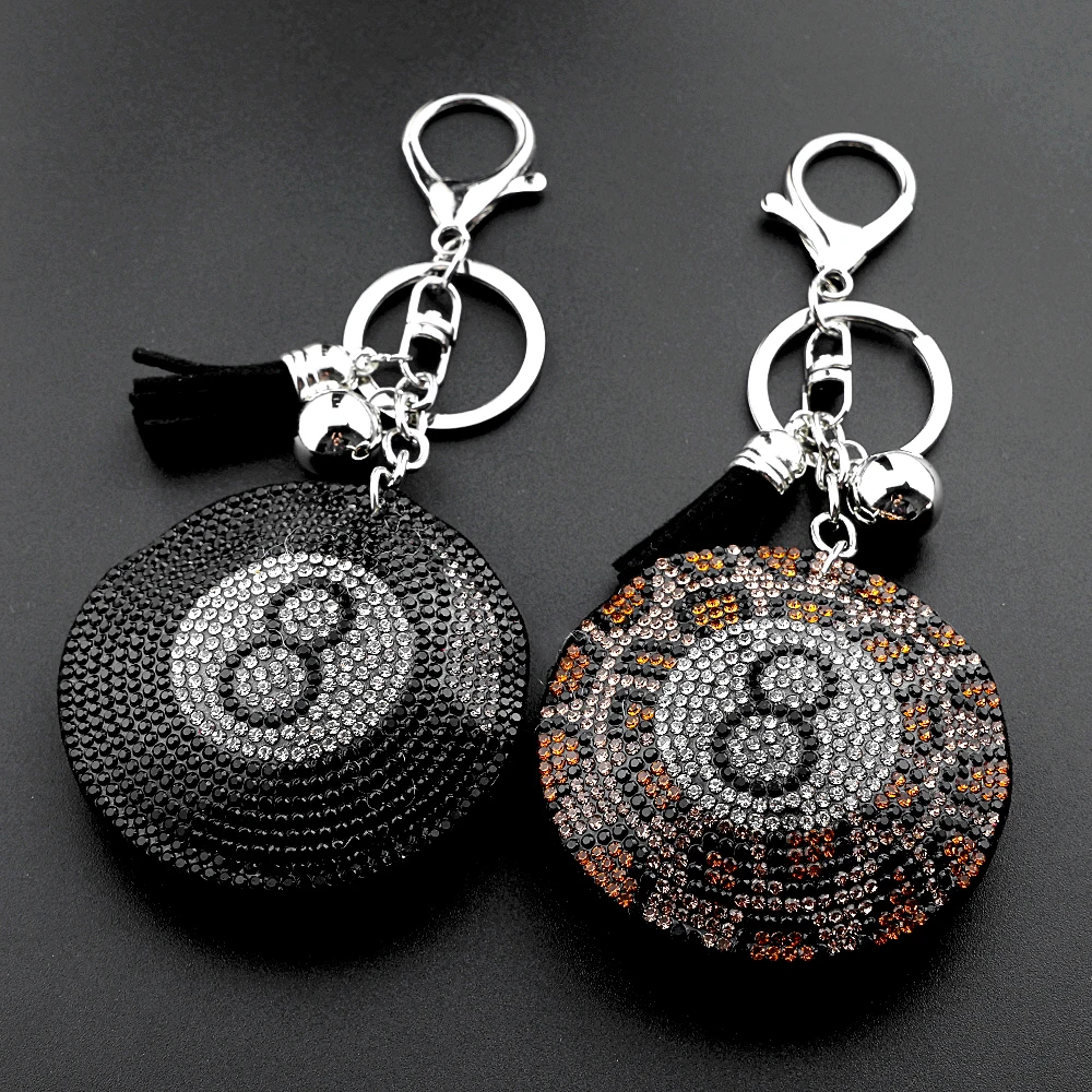 Black 8 Ball Billiard Keyring For Women Men Full Crystal Leopard Print Sexy Accessory Female Bag Hanging Keyholder Jewelry Gifts